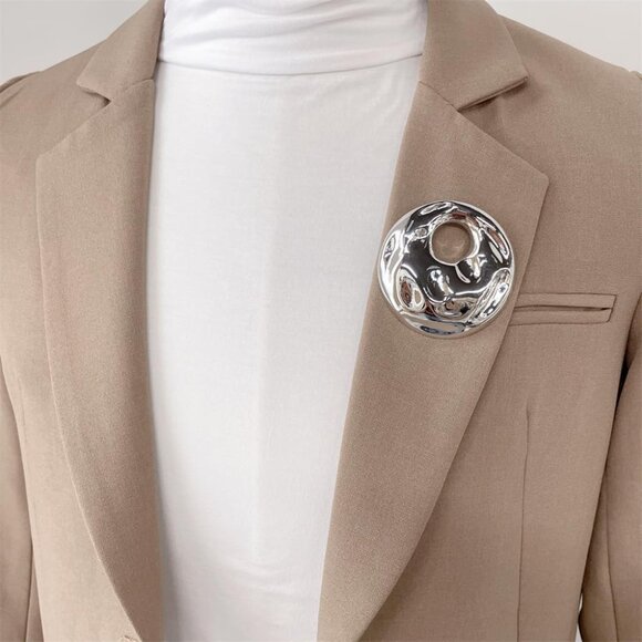 Vintage Geometric Brooch for Women Silver Chunky Hollow Round Disc Pin Jewelry - Picture 5 of 6